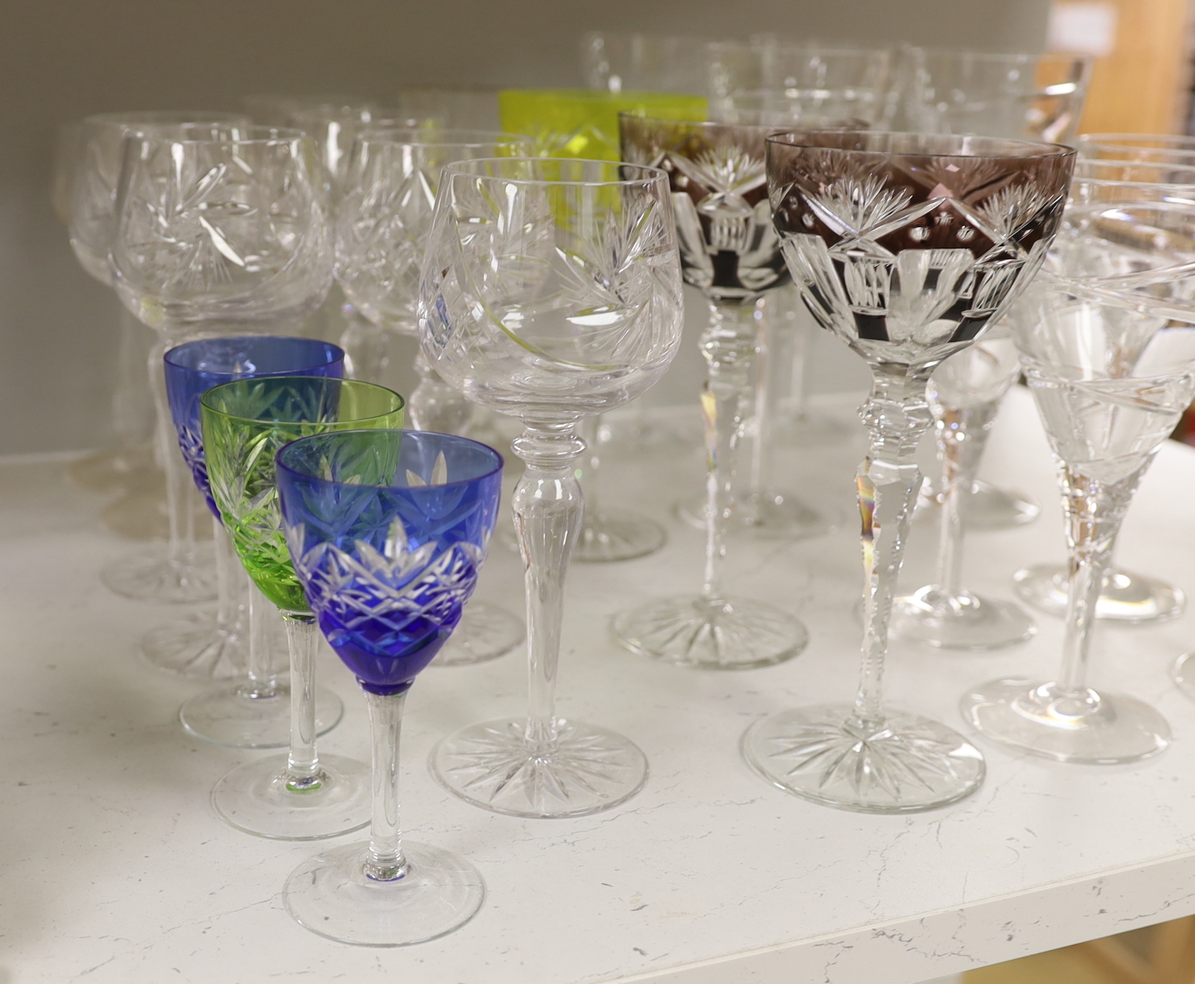 A collection of wine glasses including six flashed glass examples, the largest 23cm high